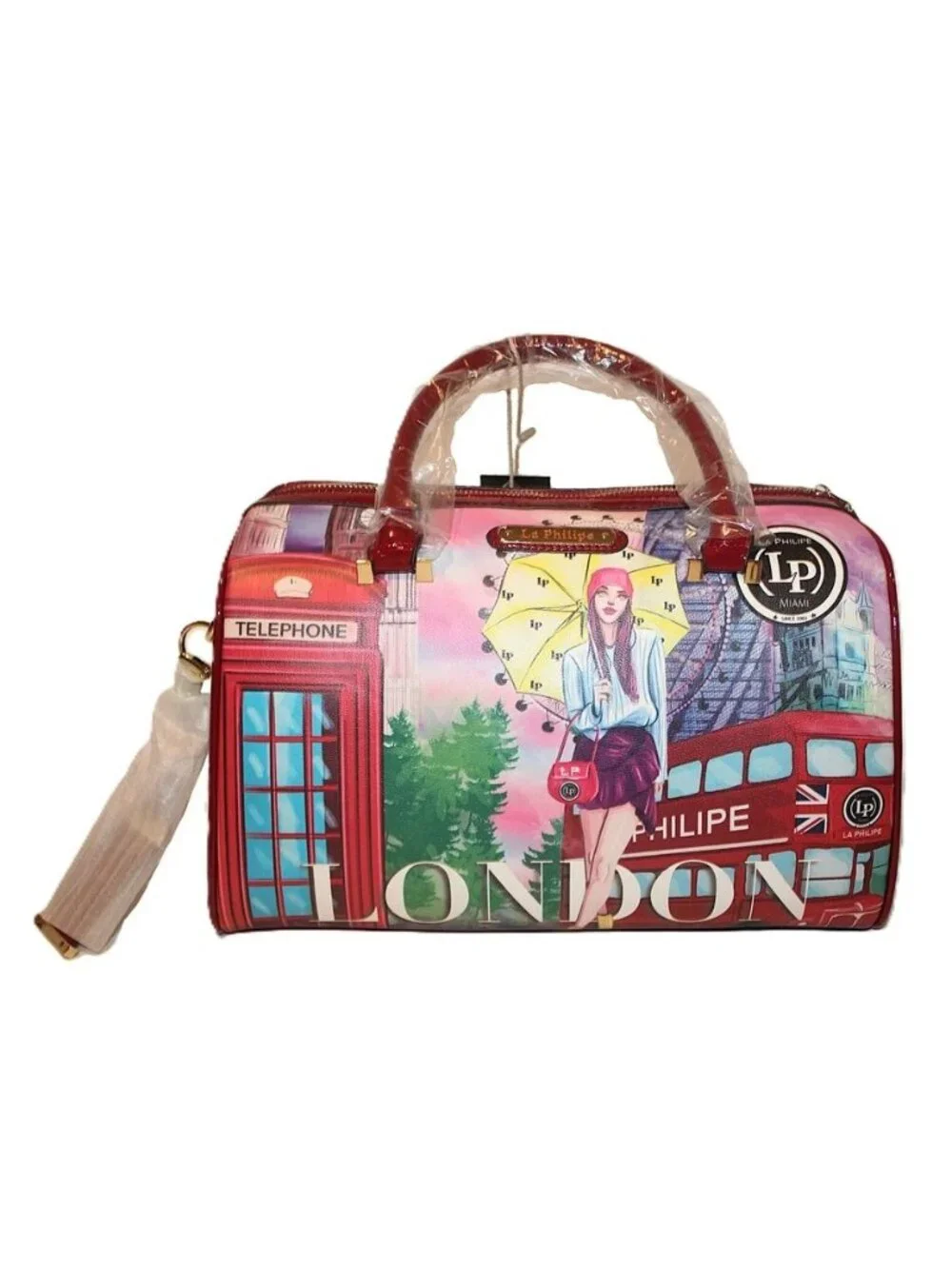 LP La Philipe Purse "Umbrella in London" Handbag Red Large Bag Black Tote LP1020 - Picture 9 of 16